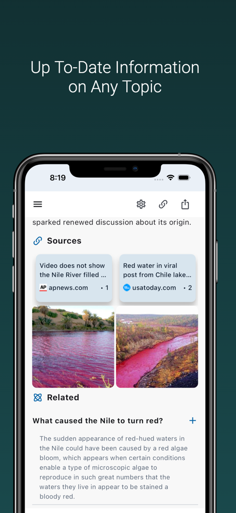 Chat Unlimited & Ask Brutus AI - Brutus AI interface showing up-to-date information with sources and images for a search query.