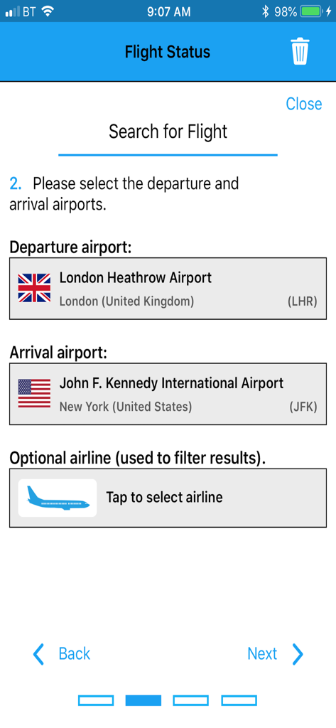 Pantalla de búsqueda de la aplicación de seguimiento de vuelos que muestra la salida de Londres Heathrow y la llegada al aeropuerto JFK.