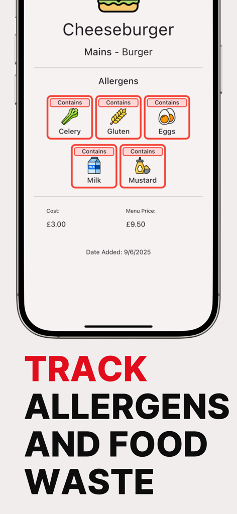 Leafe - Interface do aplicativo móvel Leafe mostrando informações sobre alérgenos e preços de menu para um cheeseburger