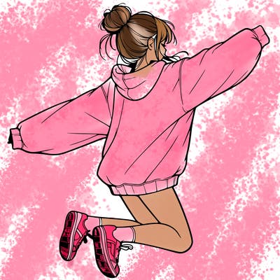 realistic girl jumping with a bun and oversized sweatshirt