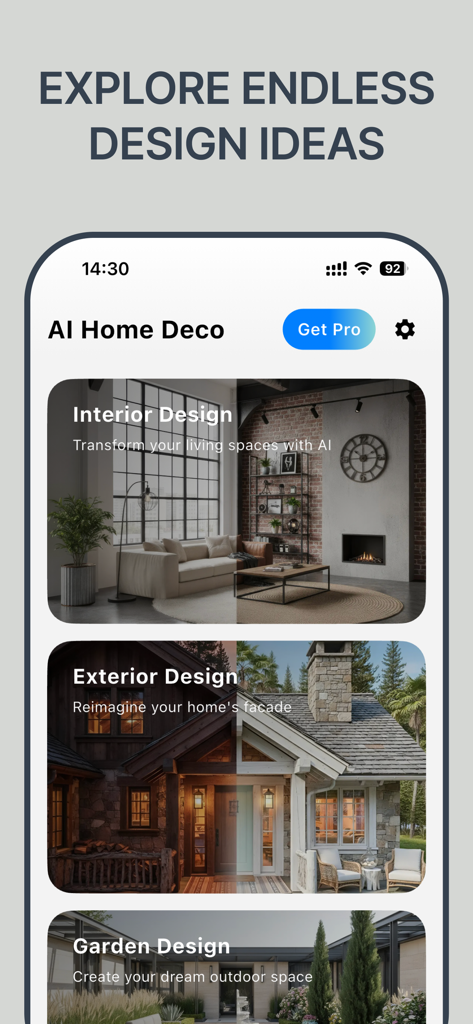 AI Home Deco Makeover Redecor - Interface of AI Home Deco app displaying interior, exterior, and garden design choices.