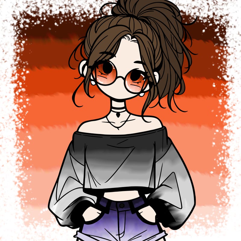 girl with a messy ponytail glasses a baggy crop top and jean shorts