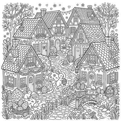 Immerse yourself in the heartwarming spirit of Easter with this delightful coloring page featuring a charming village. Adorned with playful bunnies, decorated eggs, and blooming spring flowers, it's perfect for celebrating the season.