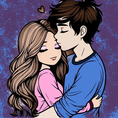 a realistic couple boy and girl hugging and kissing