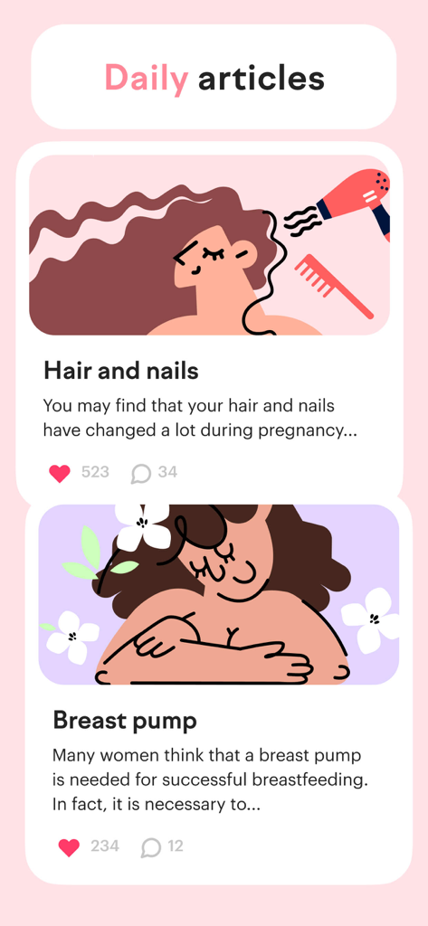 Interface of the amma pregnancy app displaying daily articles about maternal health and baby care