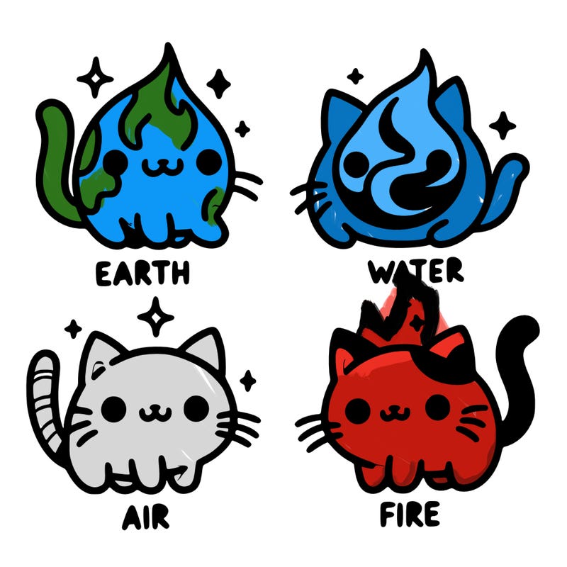 4 cats that represent the different elements, earth, water, air, and fire