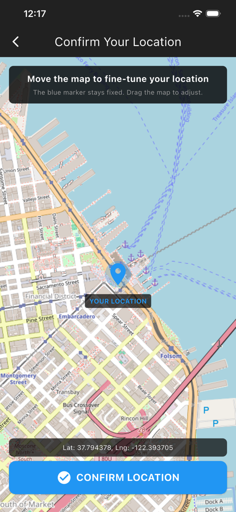 A screenshot of the Geom Compass app interface showing a map of San Francisco where a user can fine tune and confirm their current location with a blue pin.