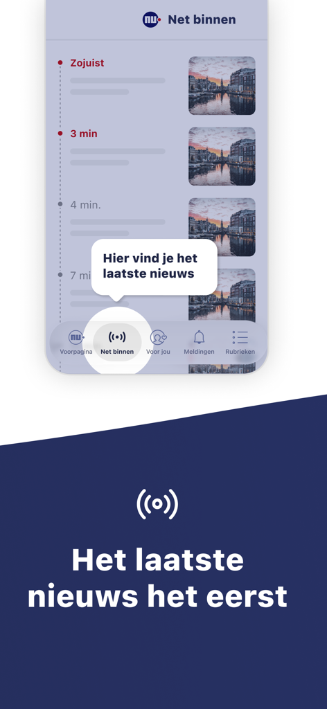 NU.nl - Interfaz de la aplicación de noticias NU.nl que muestra la línea de tiempo de las últimas noticias en holandés.