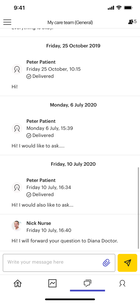 Kaiku Health - Messaging interface in the Kaiku Health app showing a conversation between a patient and a nurse