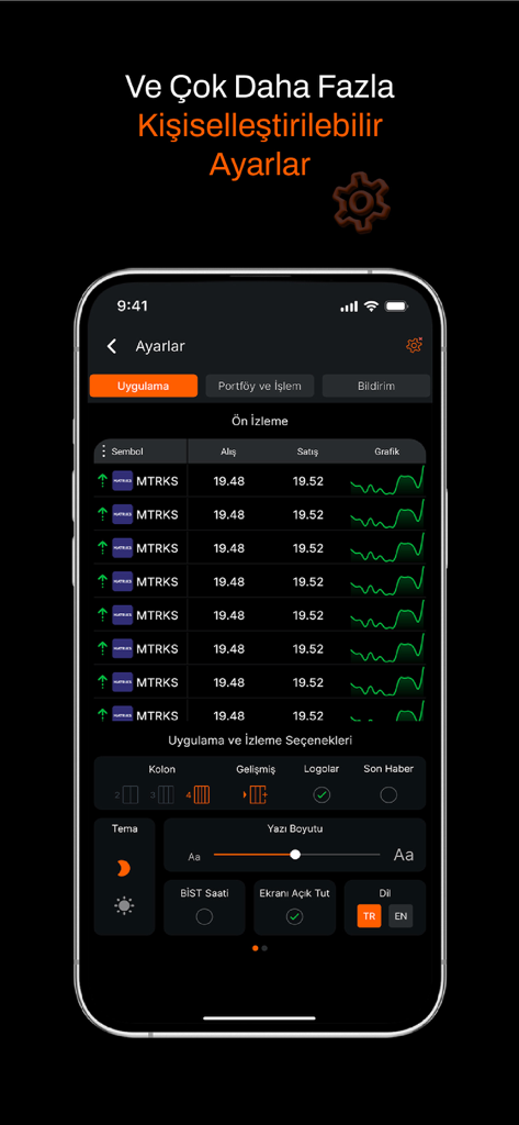 Matriks Mobil IQ: Borsa Döviz - ダークモード、フォントサイズ、取引レイアウトのカスタマイズオプションを示すMatriks Mobil IQアプリの設定画面。