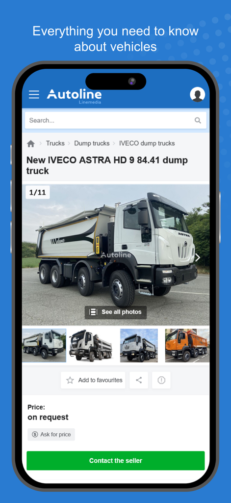 Autoline - Interface do aplicativo móvel Autoline mostrando um anúncio detalhado de um caminhão basculante IVECO ASTRA novo.