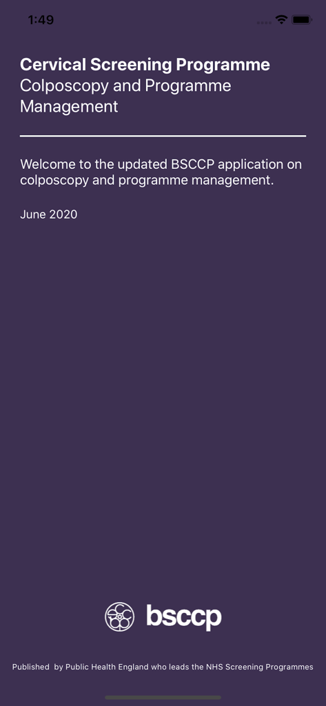 Splash screen of the BSCCP colposcopy and programme management app