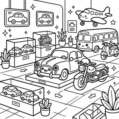 Step into a charming Kawaii automotive museum, where every vehicle, from classic cars to speedy planes, has a friendly face. This delightful coloring page is perfect for anyone who loves cute designs and exciting transportation.