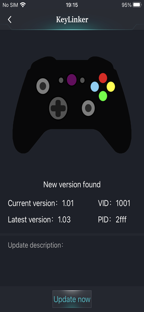 KeyLinker app interface showing a new firmware version available for a gaming controller with an Update Now button