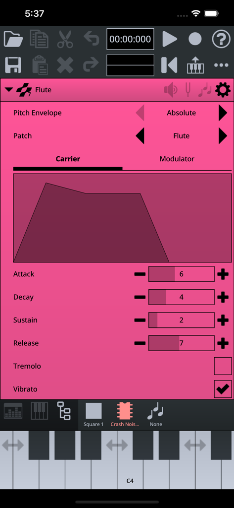 FamiStudio - A screenshot of the FamiStudio instrument editor showing envelope and patch settings for 8-bit music creation.