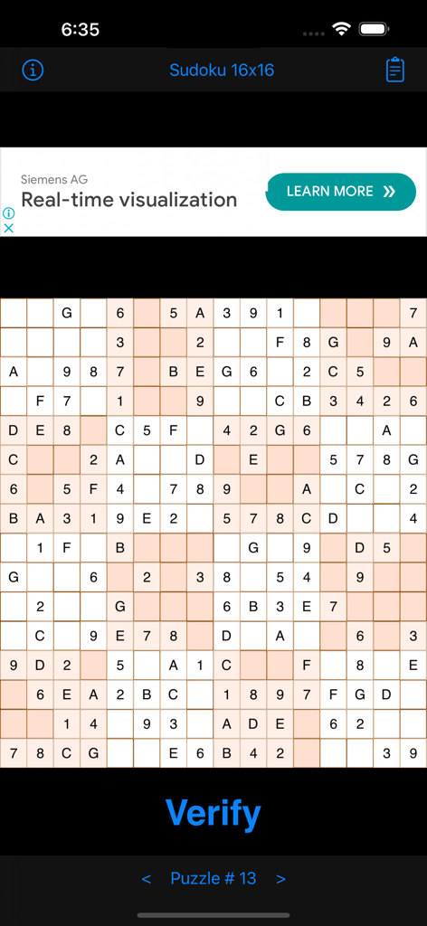 Sudoku 16x16 Game - A challenging 16x16 Sudoku grid featuring numbers and letters for expert solvers