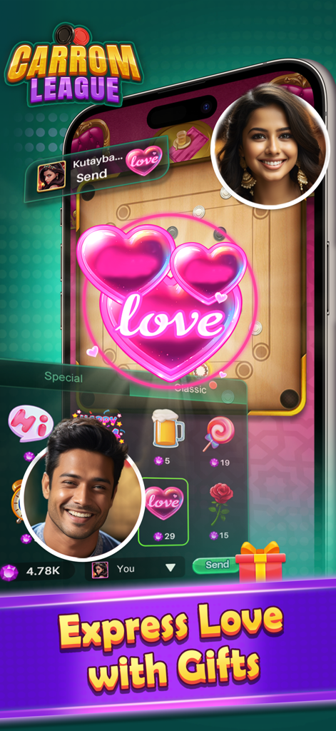 Carrom League: Online Game - Carrom League game screen showing the interactive social gifts and emoji feature between players