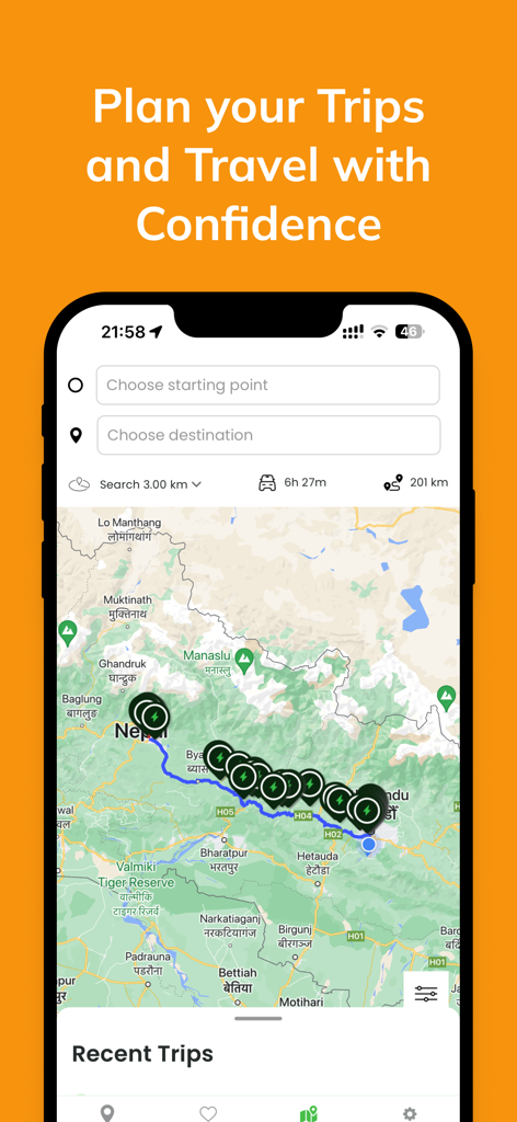 Charging Stations Nepal - Route planning feature in the Charging Stations Nepal app with EV charger icons on a map
