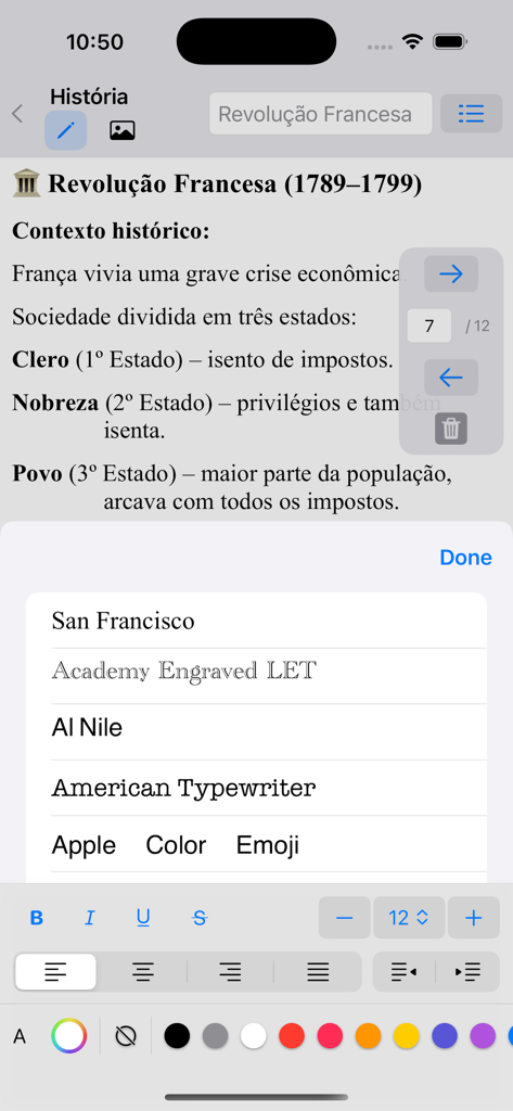 Caderno Digital - Interface of the Caderno Digital app showing a history note with a text editor and font selection options