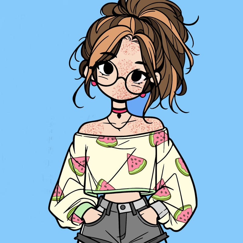 girl with a messy ponytail glasses a baggy crop top and jean shorts