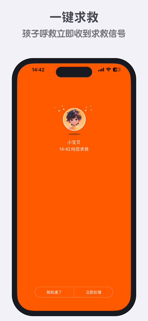 Interface of the MiTu Watch app showing an orange emergency SOS alert screen with a child avatar and immediate action buttons