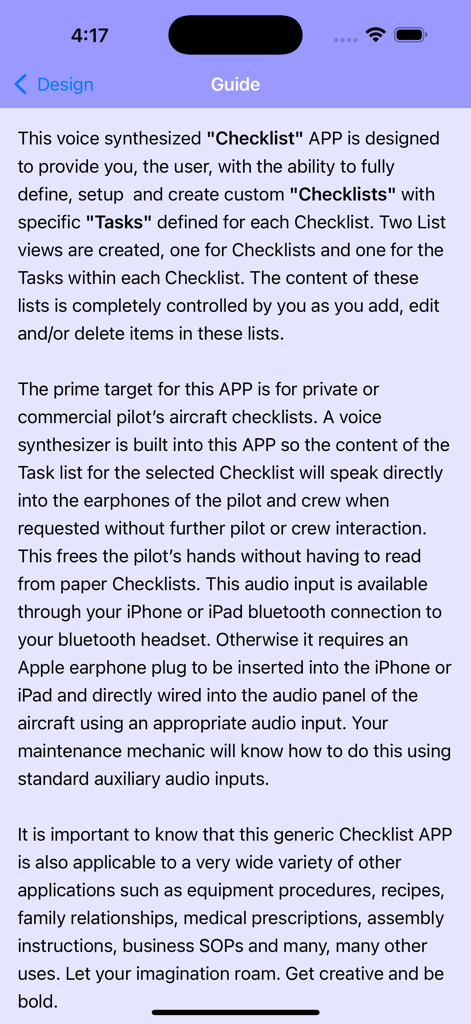 Pilot Checklist - The guide section of the Pilot Checklist app detailing voice synthesis and hands-free operation for pilots.