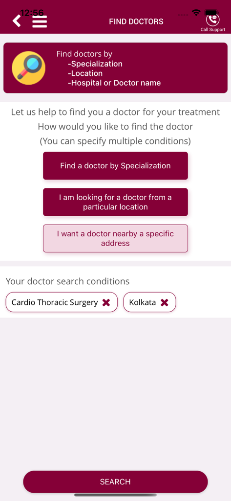 MAMATA Healthcare - Écran de l'application MAMATA Healthcare montrant les options de recherche de médecins par spécialité et localisation avec des filtres actifs pour la chirurgie cardio-thoracique et Kolkata