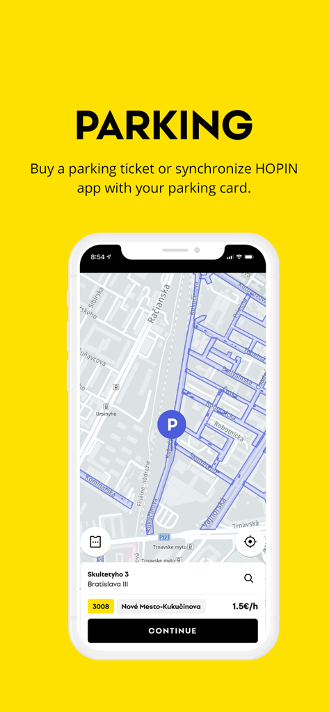 HOPIN - tap for transport - HOPIN app screen showing parking zone map in Bratislava with price details and a continue button