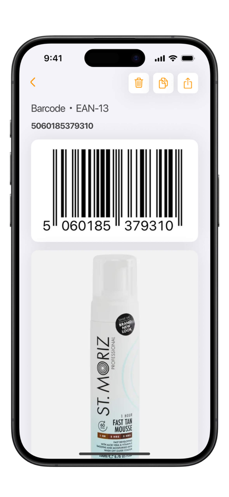 Mobile app interface displaying an EAN-13 barcode alongside a product image for inventory identification