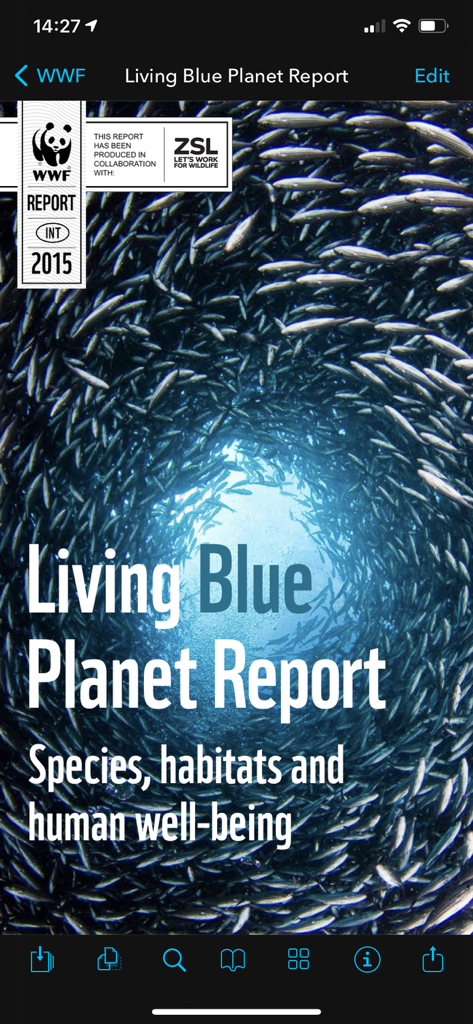 A PDF document open in the DEVONthink To Go 3 mobile app showing the Living Blue Planet Report cover.