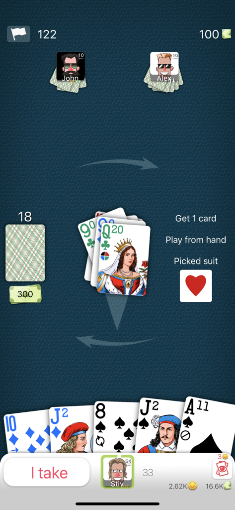 Gameplay-Screenshot von Mau-Mau Online, der ein Mehrspieler-Kartenmatch mit Spieler-Avataren und Spielkarten zeigt