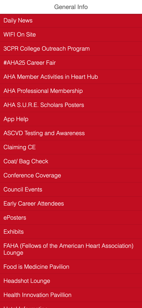 AHA Conferences - Pantalla del menú de Información General que muestra recursos de la conferencia como detalles de WIFI, Feria de Carreras y créditos de Educación Continua
