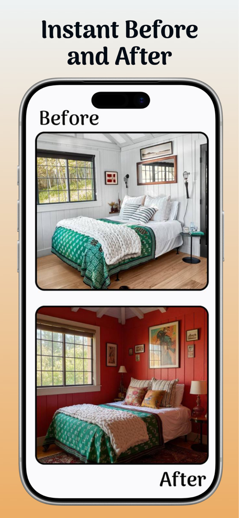AI Room Design: Space AI - Dormitorio antes y después rediseñado con la aplicación AI Room Design.