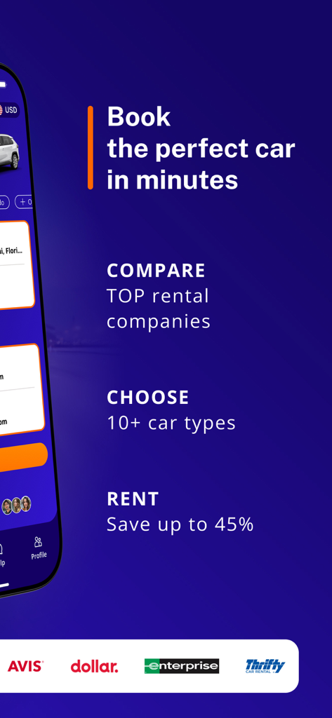 Hola Car Rentals - Hola Car Rentalsモバイルアプリのマーケティング画面、主要レンタカー会社を比較して最大45％節約できる機能を強調