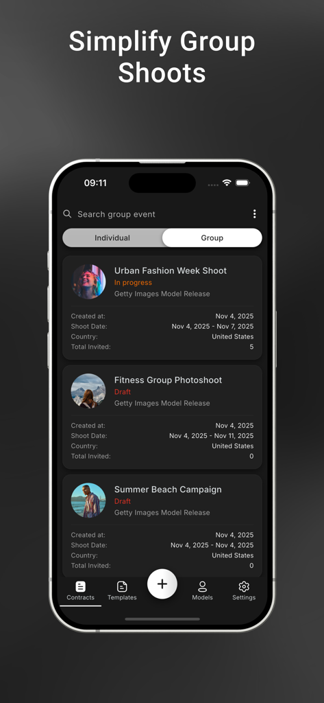Dashboard of the SnapSign app displaying a list of group photography events and model releases