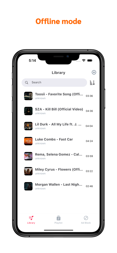 Supi Player for Youtube - Supi Player app library screen showing a list of songs available for offline playback.