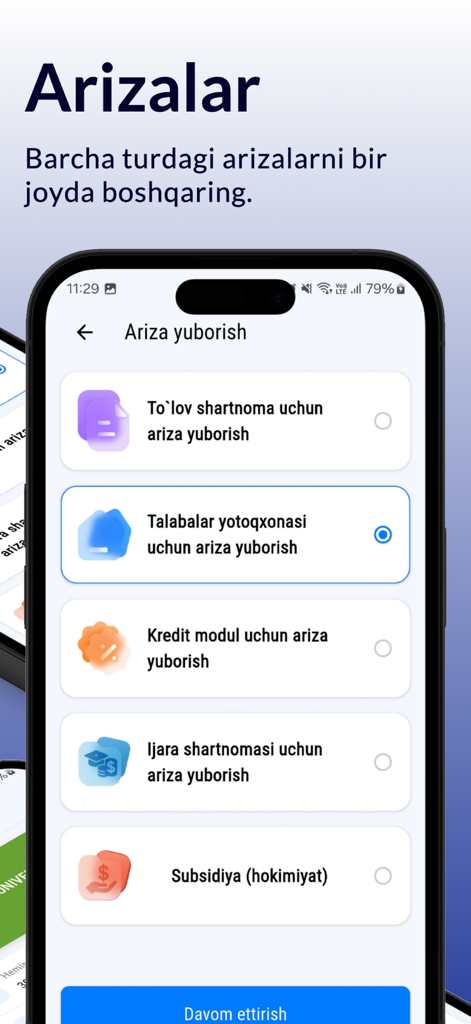 Kontrakt Edu - Interfaz de la aplicación móvil Kontrakt Edu que muestra una lista de opciones de solicitud universitaria