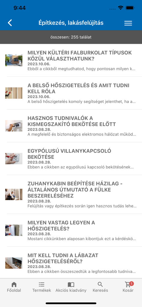 Praktiker Magyarország - Mobile app screen showing a list of DIY and home renovation guides in the Praktiker Magyarorszag app