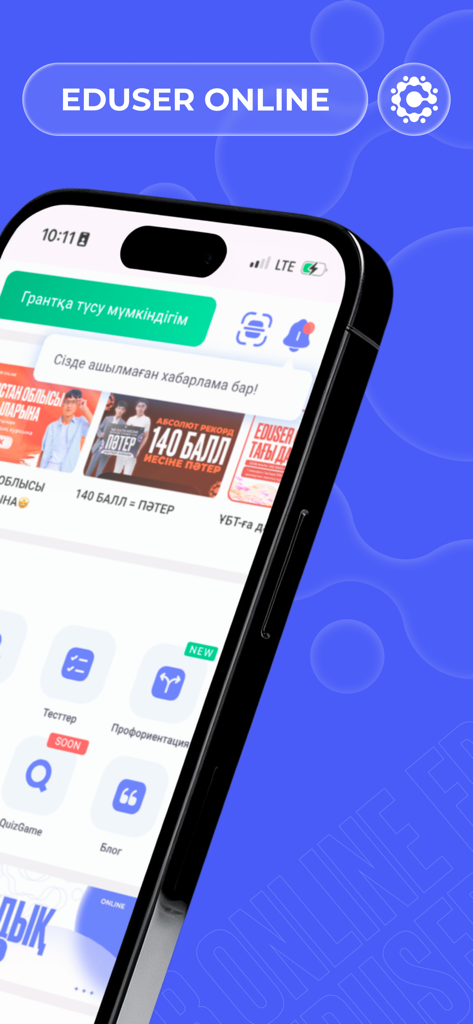 Eduser - Interface do aplicativo móvel Eduser exibindo orientação profissional, opções de testes e informações sobre auxílios educacionais em um iPhone.