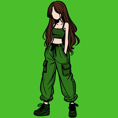 girl in baggy pants crop top and long hair