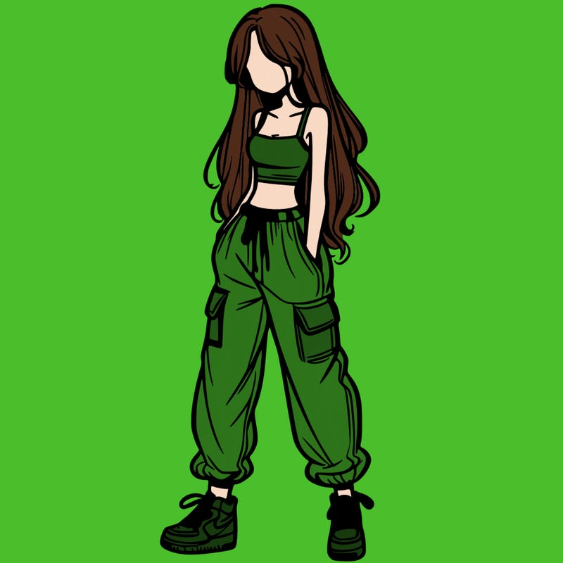 girl in baggy pants crop top and long hair