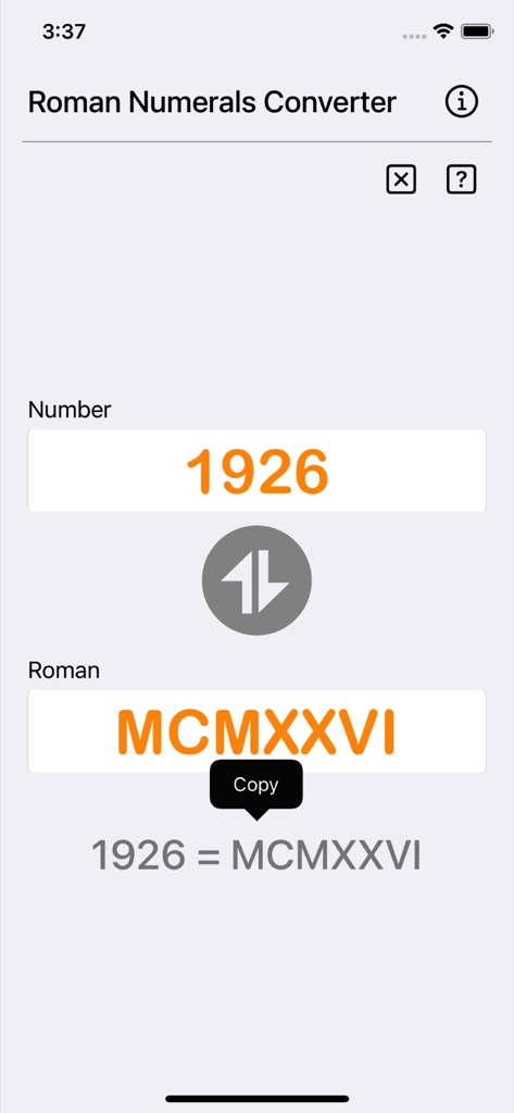 Screenshot of Roman Numerals Converter Plus app converting 1926 to MCMXXVI