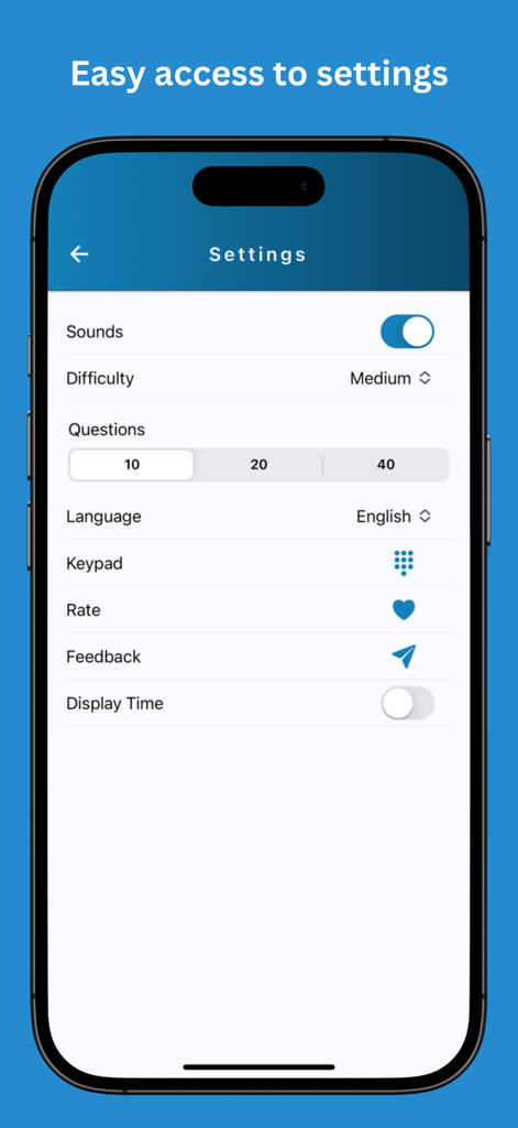 Math Workout - Brain training - Menu de configurações do aplicativo de treinamento cerebral Math Workout mostrando opções de personalização para dificuldade e conjuntos de perguntas.