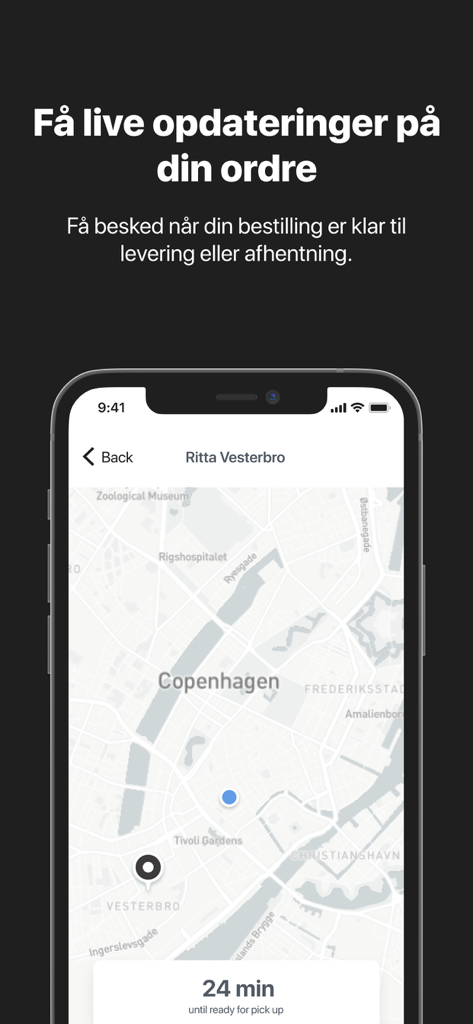 BUZZ CPH - BUZZ CPH mobile app screen showing live order tracking with a map of Copenhagen and estimated pickup time