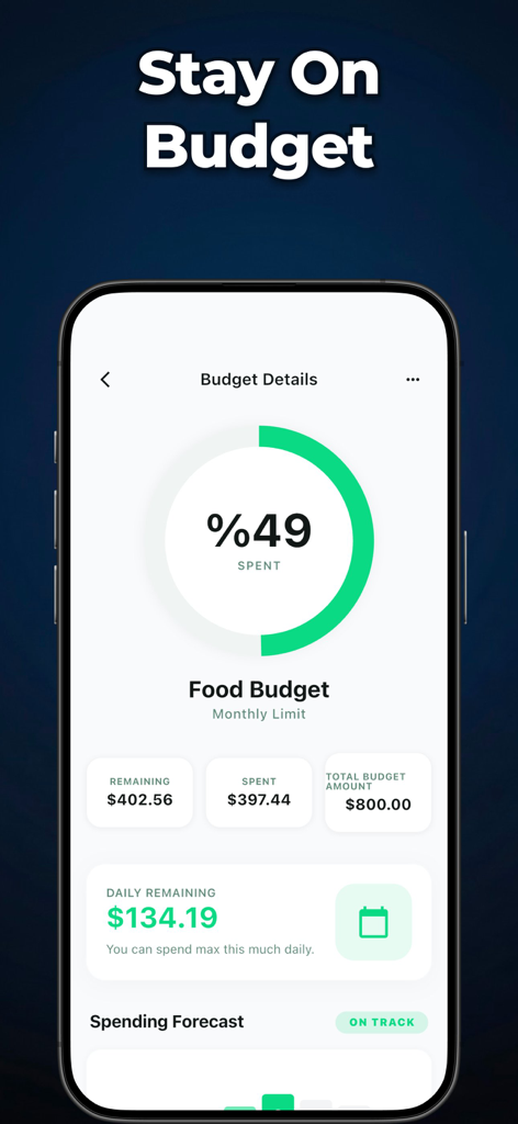 Expense Tracker & Budget - Gli - Glipo app budget details screen showing a circular progress chart for food budget tracking