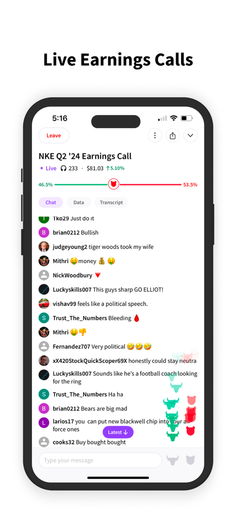 Stocktwits app interface showing a live earnings call for Nike with real-time community chat and sentiment tracking