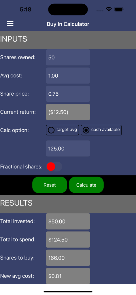 Buy in Calculator Mobile App-Oberfläche, die Ergebnisse der durchschnittlichen Kostenberechnung für Aktien und Tokens zeigt