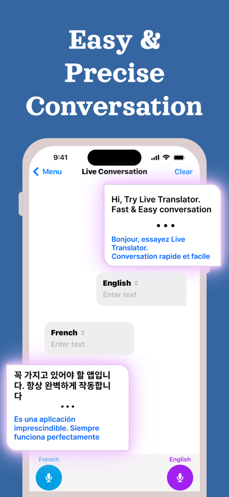 La interfaz de la aplicación Live Voice Translator mostrando una conversación en tiempo real con traducciones entre inglés y francés