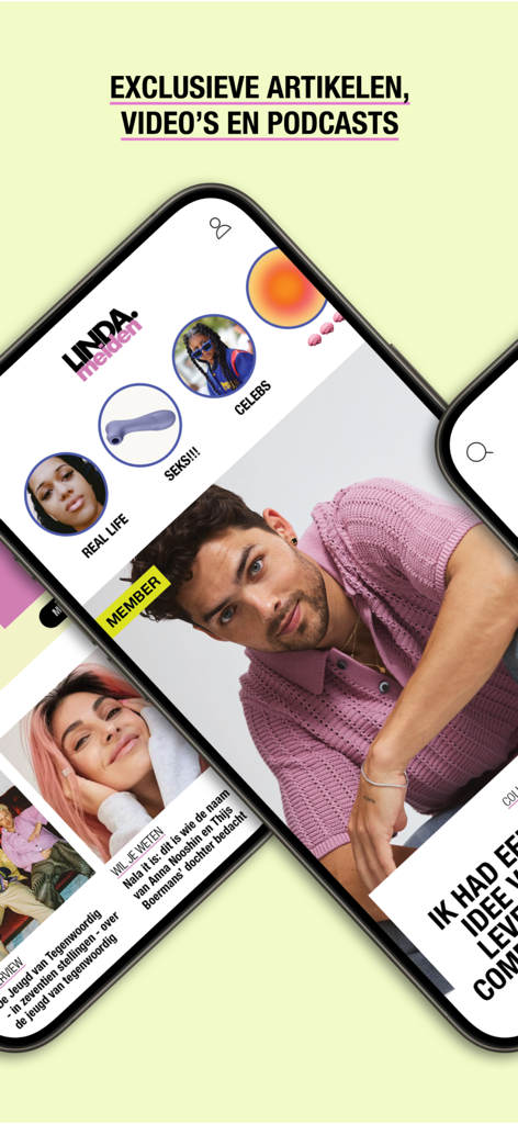 LINDA.meiden - Screenshot of the LINDA.meiden mobile app interface showing exclusive lifestyle articles and content categories.