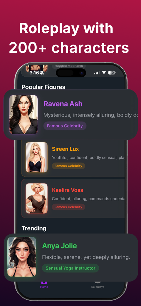 Spicy Chat: Uncensored AI - Interface de l'application Spicy Chat montrant une bibliothèque de plus de 200 personnages IA pour le jeu de rôle sans censure, y compris des figures populaires et tendances.